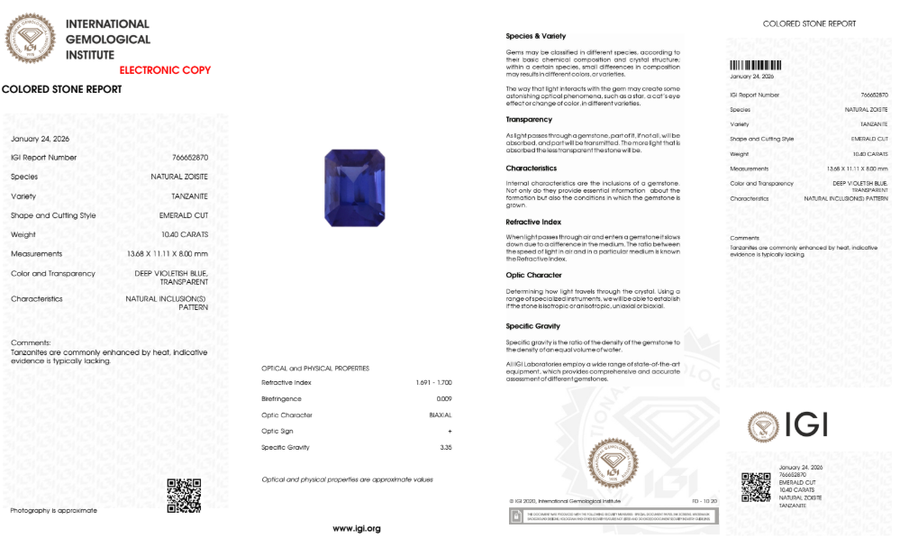 Tanzanita de 10,40 ct "Velvet Ocean" - Certificada por el IGI