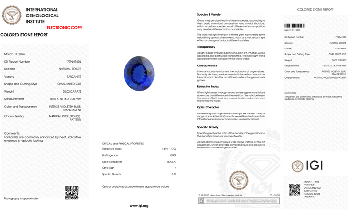 20,02 ct Tanzanite "Blue Mirage" - Intense Violetish Blue