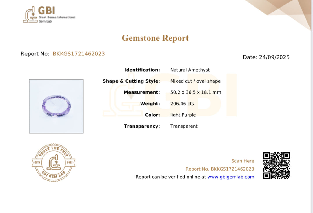 206,46 ct Amethyst „Rose de France“ - Oval Mixed Cut - GBI Zertifikat