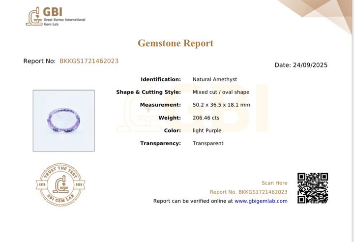 206,46 ct Amethyst „Rose de France“ - Oval Mixed Cut - GBI Zertifikat